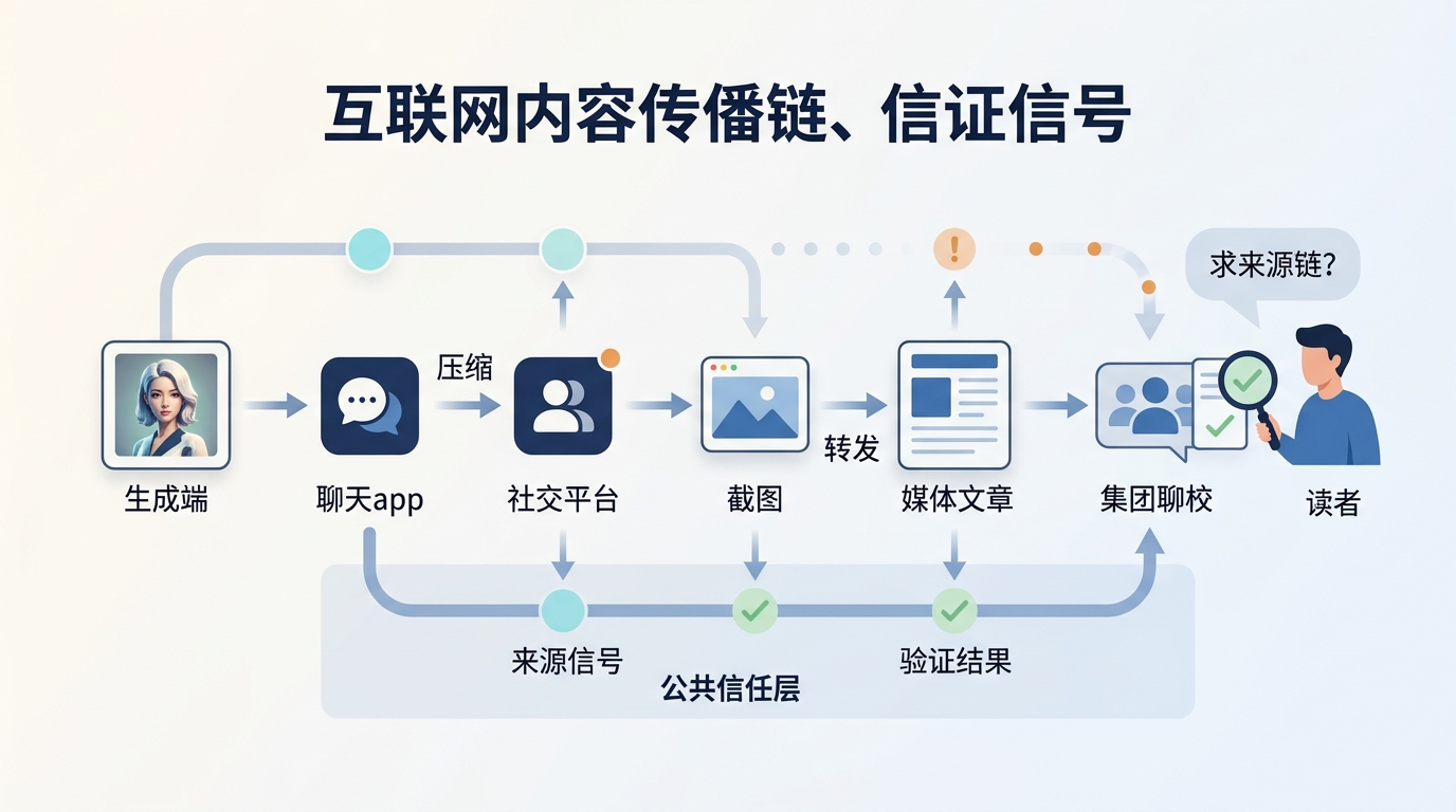 AI content is repeatedly compressed, screenshotted, and reposted across the distribution chain, so provenance signals need to survive and be verifiable across platforms