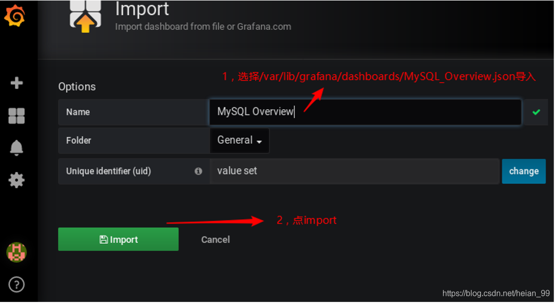 Grafana import selection